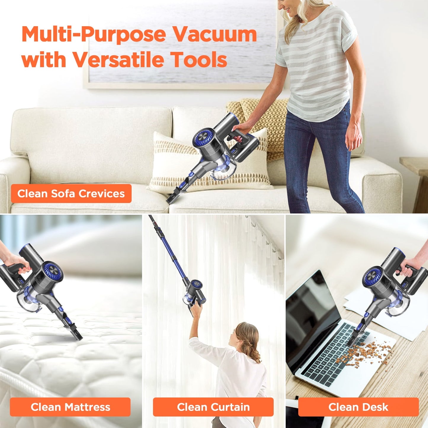 GOOVI Cordless Vacuum, Lightweight Stick Vacuum Cleaner for Hardwood Floor, Quiet, Blue, New
