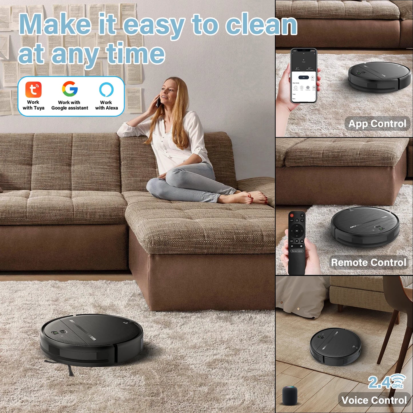 GOOVI Robot Vacuum Cleaner,2 in 1 Robot Vacumm Mop Combo, With Alexa/WiFi/App Connection,for Pet Hair,Hard Floor-Black