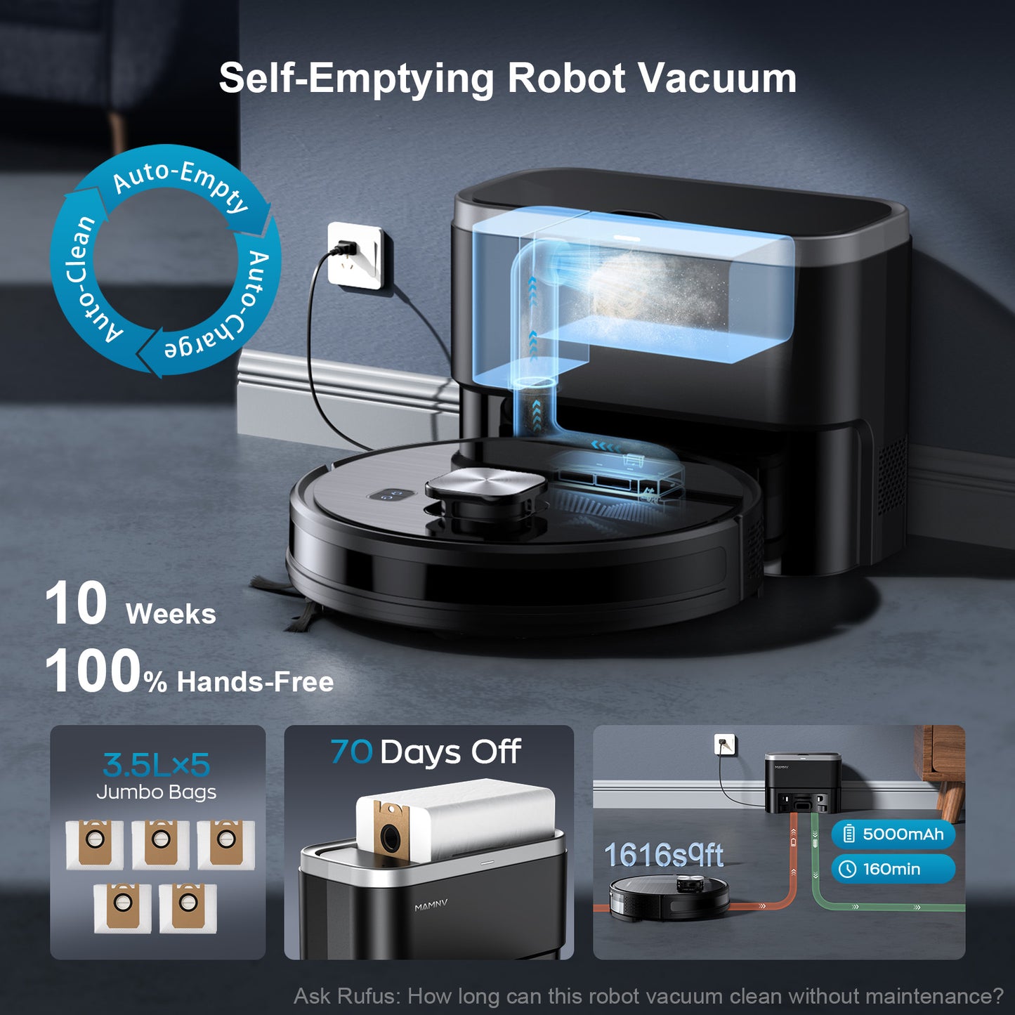 GOOVI Robot Vacuum and Mop 9000pa Suction Robotic Cleaner with Laser Home Mapping and 85 Days Self Empty Station