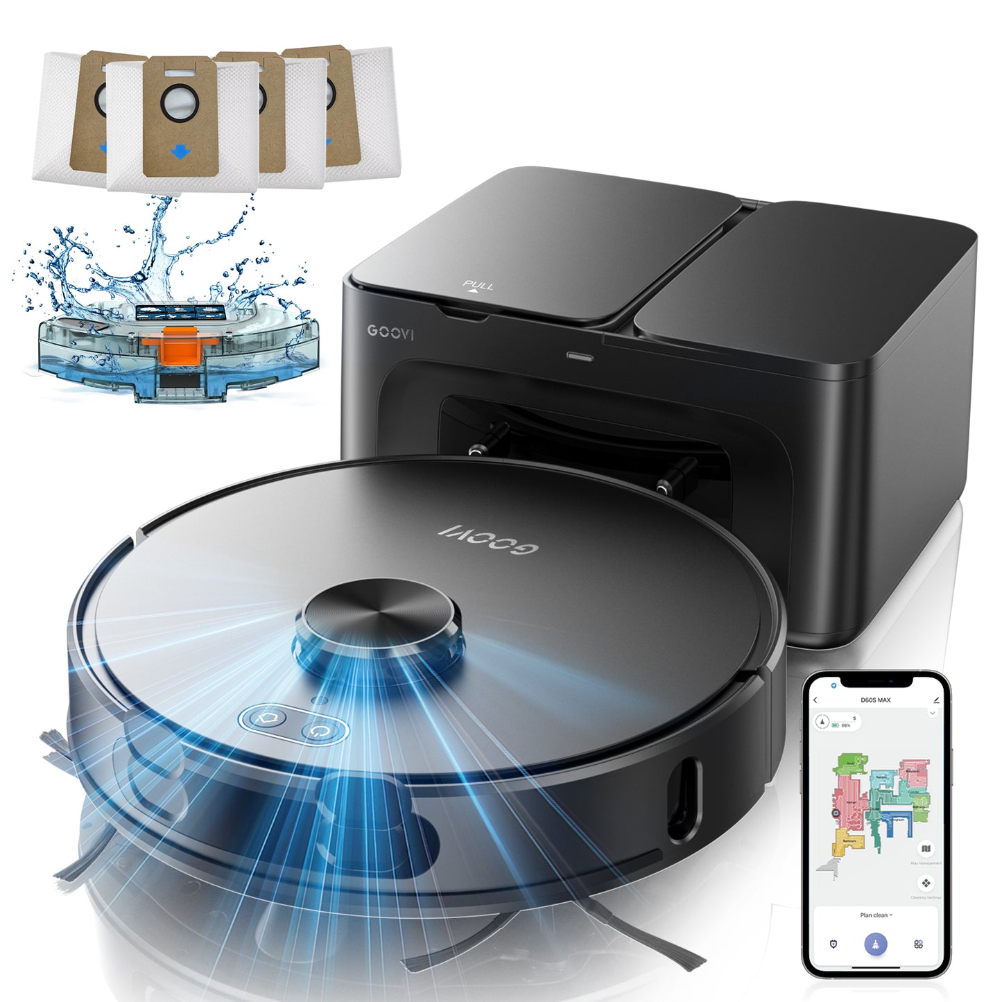 GOOVI Robot Vacuum and Mop Combo with 3D Homp Mapping, Self-Emptying Base for 70 Days, 220 Mins Runtime, White