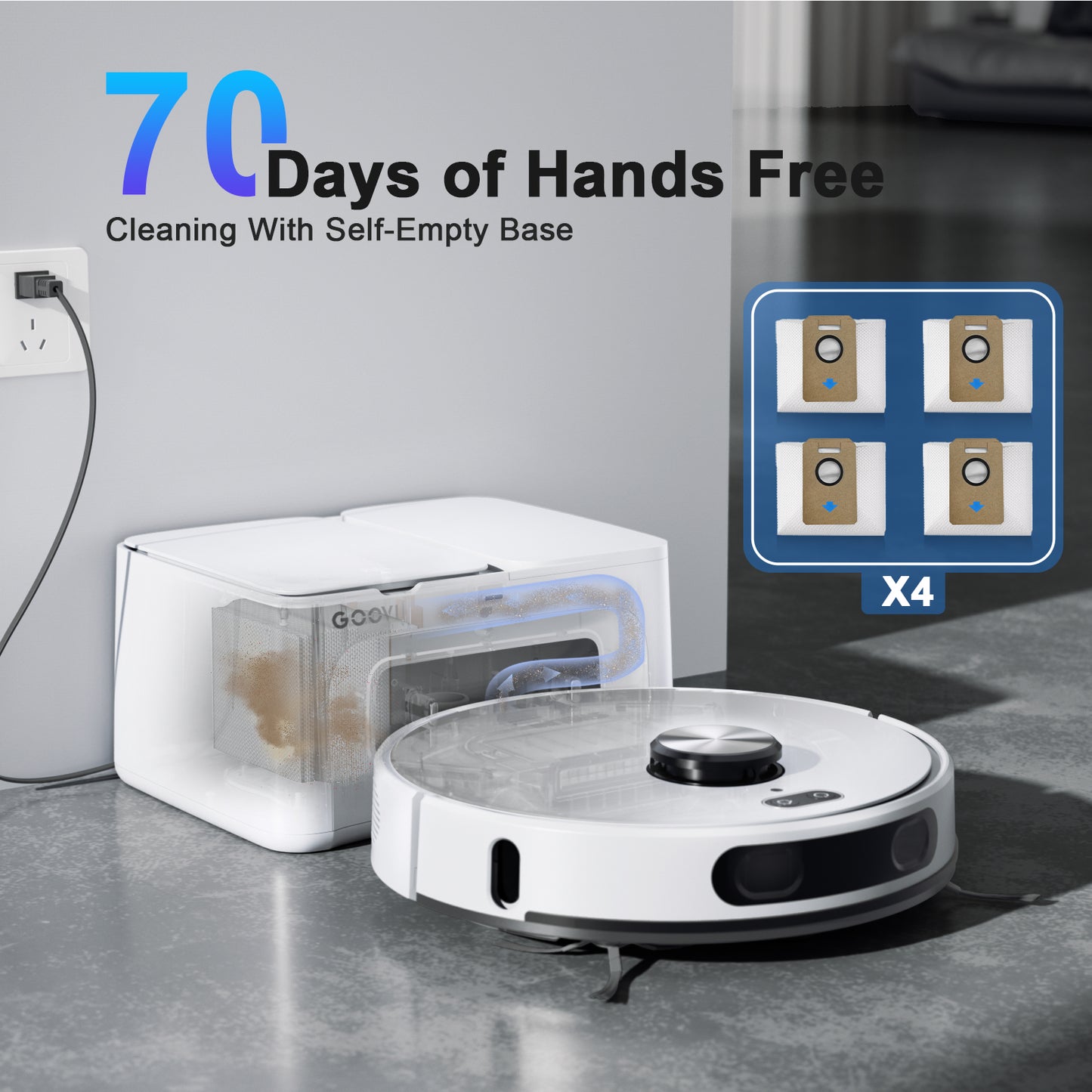 GOOVI Robot Vacuum and Mop Combo with 3D Homp Mapping, Self-Emptying Base for 70 Days, 220 Mins Runtime, White