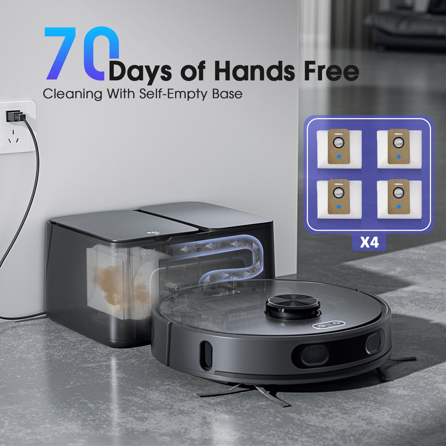 GOOVI Robot Vacuum and Mop Combo with 3D Homp Mapping, Self-Emptying Base for 70 Days, 220 Mins Runtime, Black