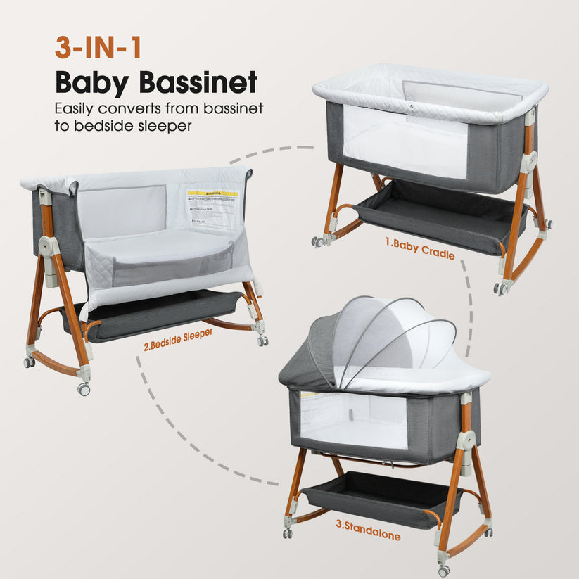 Haoyunduo Baby Bassinet, Foldable Baby Crib with 6 Adjustable Heights and Storage Basket for Infant Newborn Child, Gray