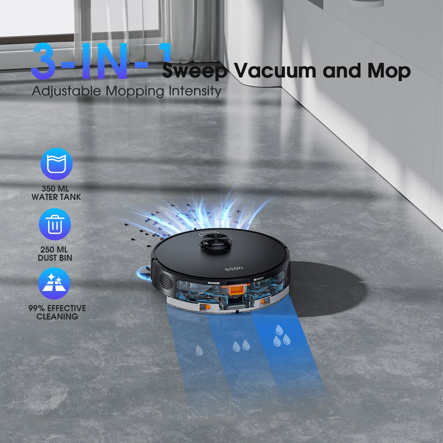 GOOVI Robot Vacuum and Mop Combo with 3D Homp Mapping, Self-Emptying Base for 70 Days, 220 Mins Runtime, Black
