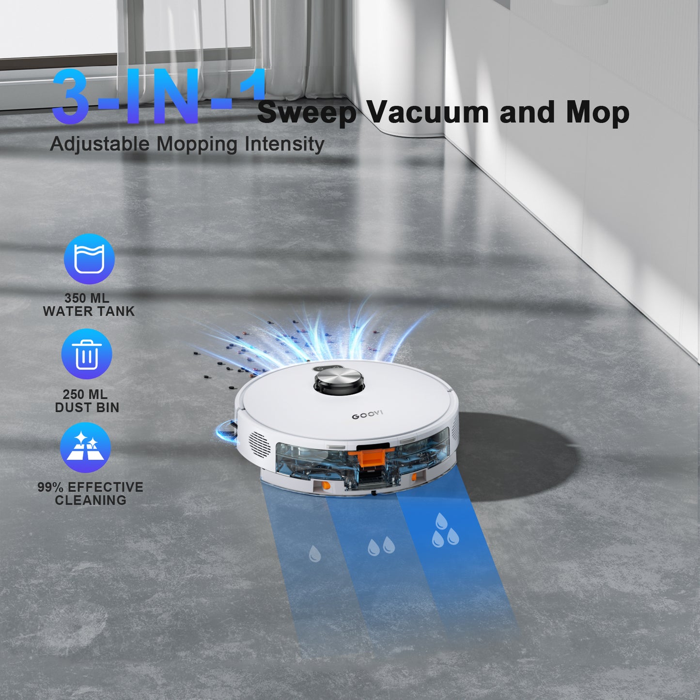 GOOVI Robot Vacuum and Mop Combo with 3D Homp Mapping, Self-Emptying Base for 70 Days, 220 Mins Runtime, White