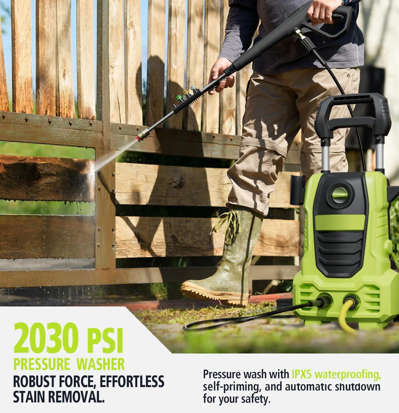 GOOVI Electric Pressure Washer, 26 FT Hose Pressure Cleaner 2030 PSI with 4 Nozzles Tips,Surface Cleaning with Upgraded Swivel Joint for Car/Fences/Patios/Daily Needed-Green