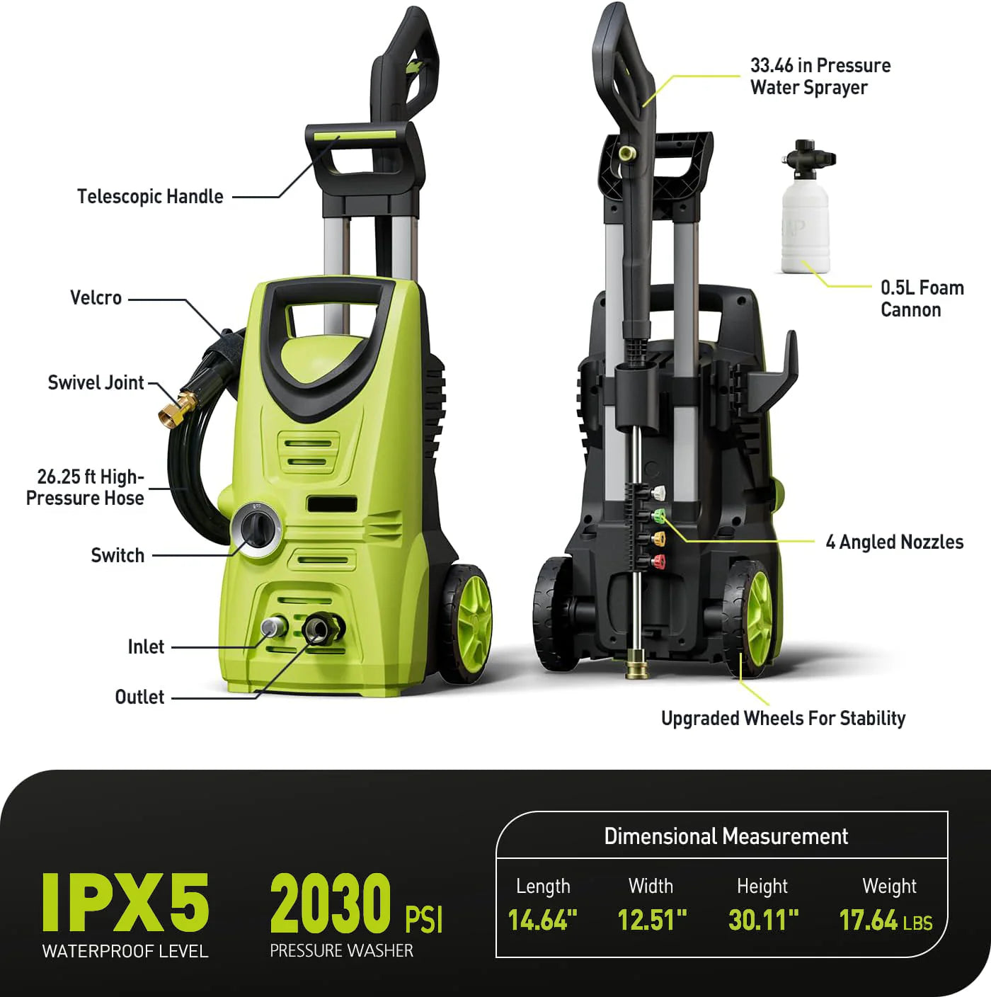 GOOVI Electric Pressure Washer, 2030 PSI Pressure Cleaner with Upgraded Swivel Joint，4 Nozzles Tips 26 FT Hose for Car/Patios/Fences/Daily Cleaning