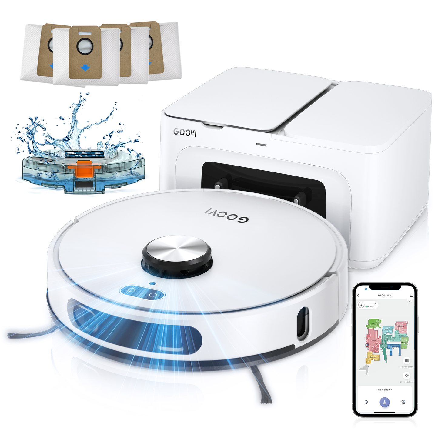 GOOVI Robot Vacuum and Mop Combo with 3D Homp Mapping, Self-Emptying Base for 70 Days, 220 Mins Runtime, White