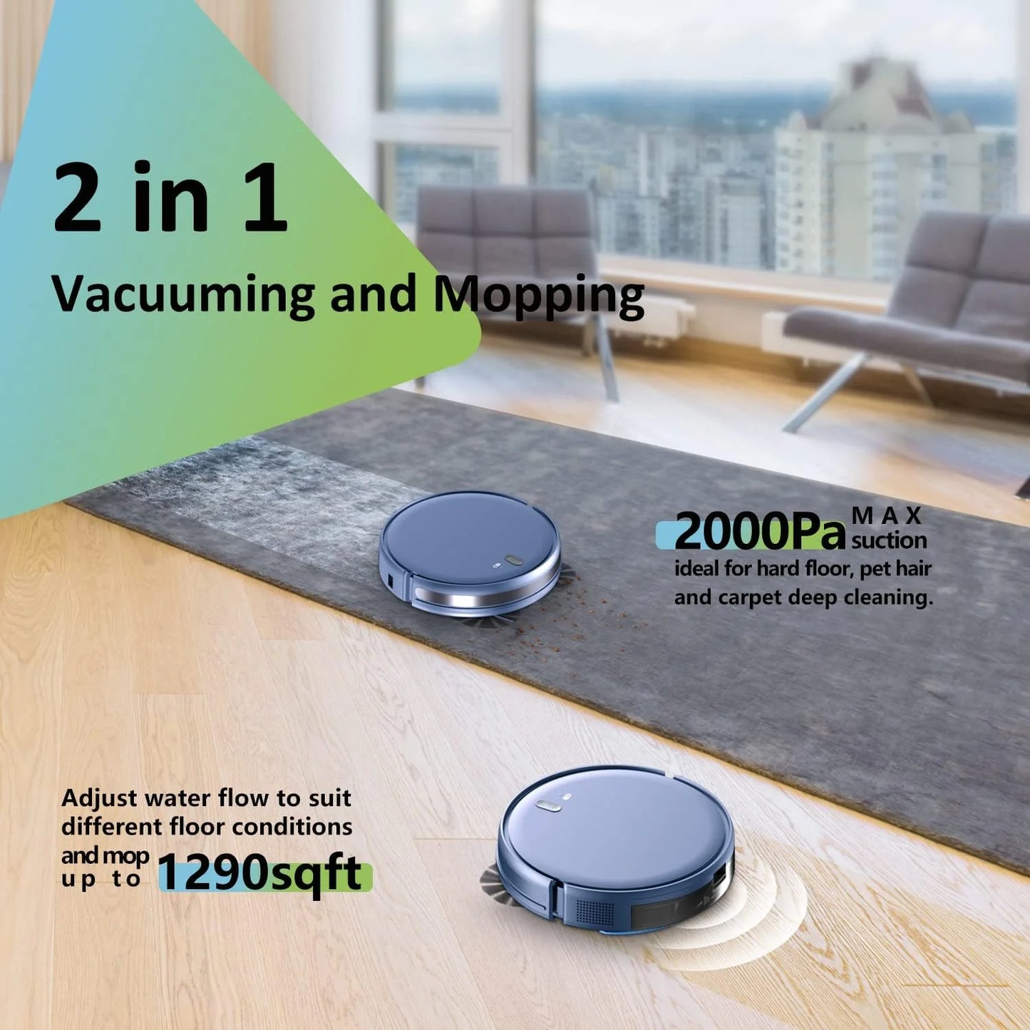 GOOVI Robot Vacuum Cleaner,2 in 1 Robot Vacumm Mop Combo, With Alexa/WiFi/App Connection,for Pet Hair，Hard Floor-Blue