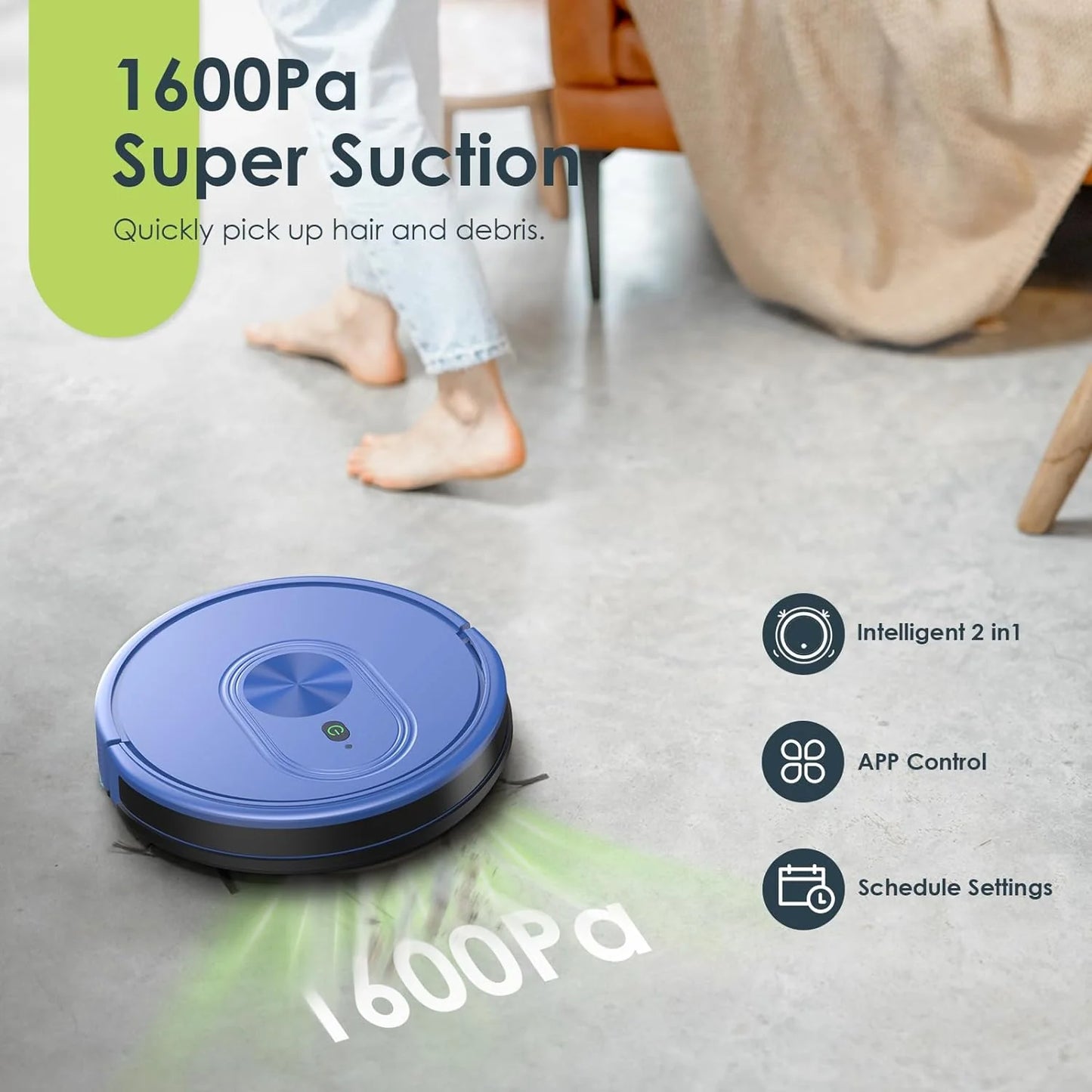 GOOVI Robot Vacuum Cleaner and Mop Combo, 2 in 1 Robotic Vacuum with Schedule, App/Bluetooth/Alexa, 1600Pa Suction, Self-Charging, Slim, Ideal for Hard Floor, Pet Hair, Carpet-Blue
