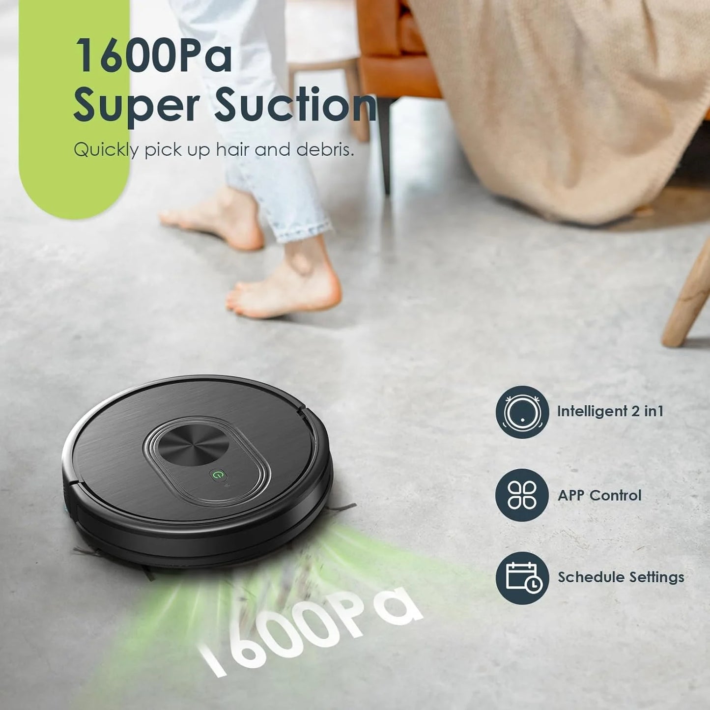 GOOVI Robot Vacuum Cleaner and Mop Combo, 2 in 1 Robotic Vacuum with Schedule, App/Bluetooth/Alexa, 1600Pa Suction, Self-Charging, Slim, Ideal for Hard Floor, Pet Hair, Carpet /Black