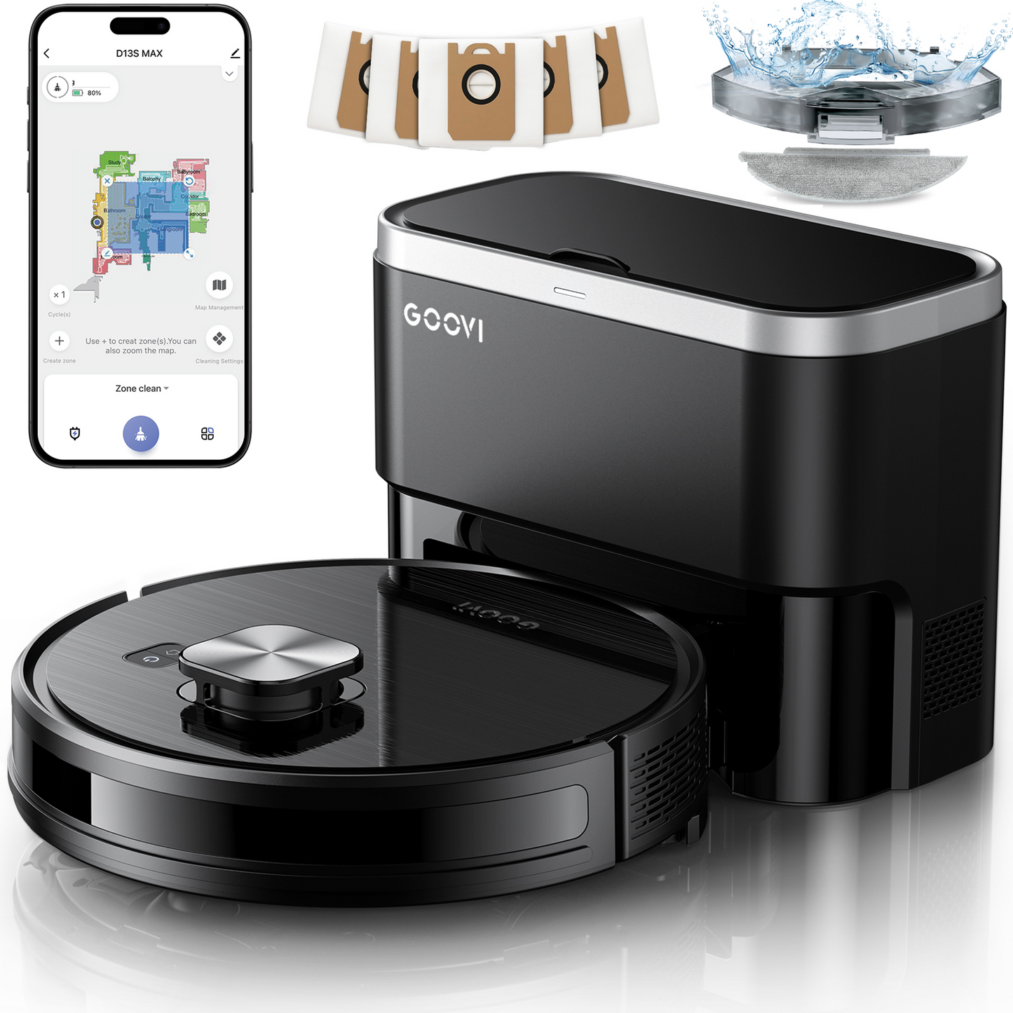 GOOVI Robot Vacuum and Mop 9000pa Suction Robotic Cleaner with Laser Home Mapping and 85 Days Self Empty Station