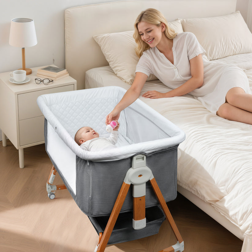Haoyunduo Baby Bassinet, Foldable Baby Crib with 6 Adjustable Heights and Storage Basket for Infant Newborn Child, Gray