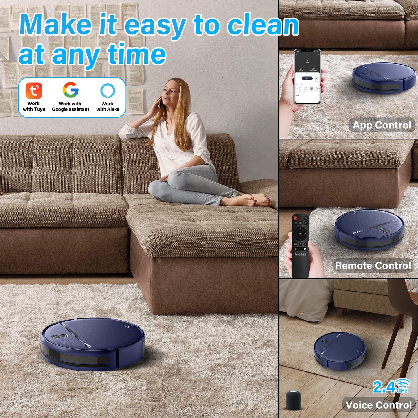 GOOVI Robot Vacuum Cleaner, Robot Vacumm Mop Combo, With Alexa/WiFi/App Connection, for Pet Hair，Hard Floor